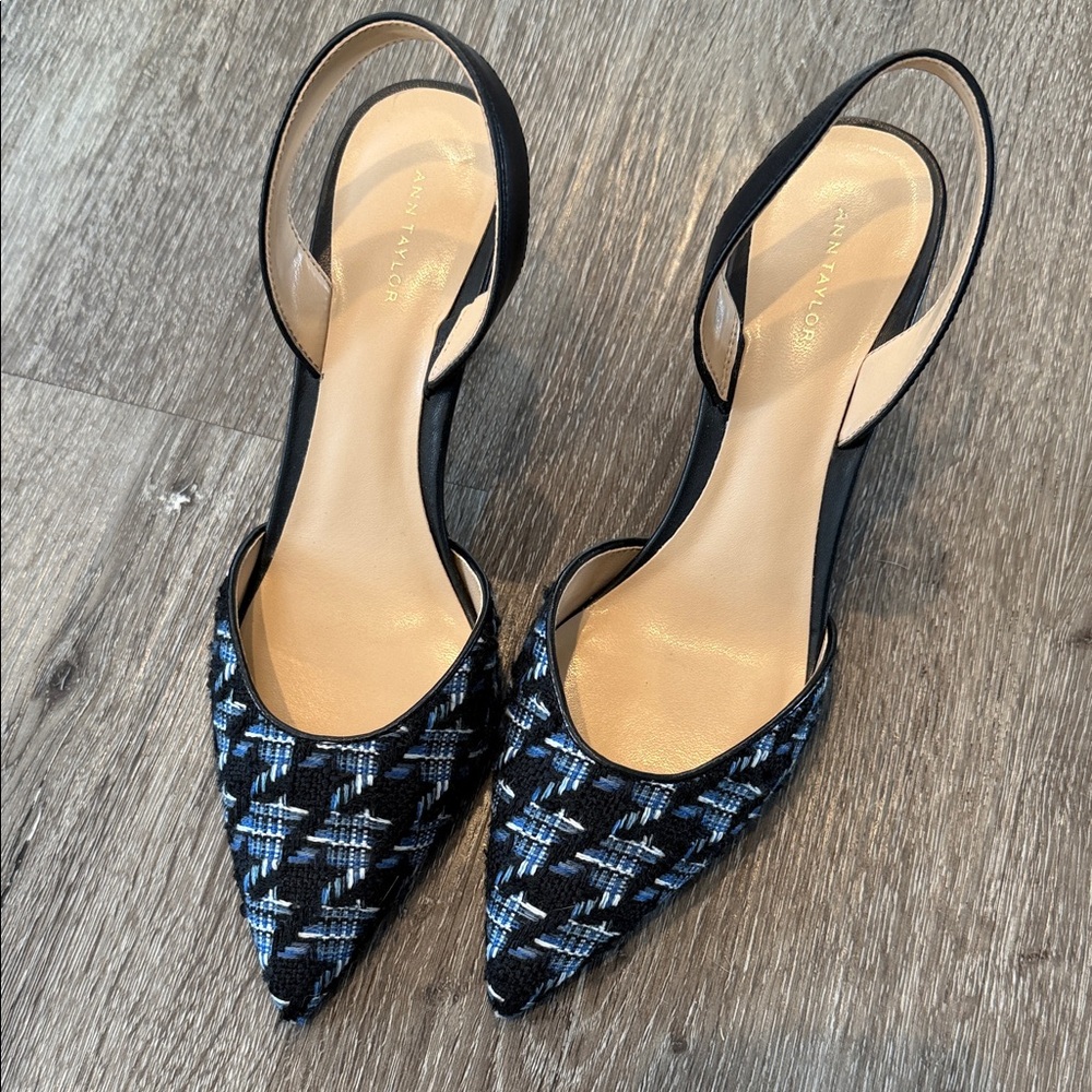 Ann Taylor Tweed Slingback Heels Pointed Toe Black Blue 7.5